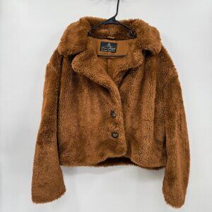 Free People Brown Faux Fur Teddy Coat Jacket Button Front Size M
